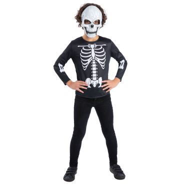 Enfant portant le kit déguisement halloween avec top et masque de squelette noir et blanc | jourdefete.com Enfant portant le kit déguisement halloween avec top et masque de squelette noir et blanc | jourdefete.com