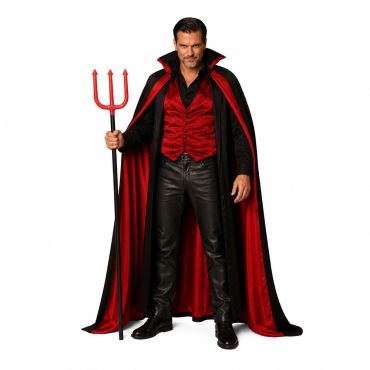 Homme costumé en seigneur des Enfers tenant un trident de diable rouge et noir de 110 cm pour Halloween | jourdefete.com