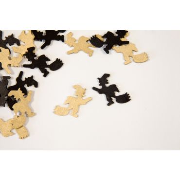 15 Confettis de table en bois en motif de sorcière mélangé entre le noir et le doré | jourdefete.com 15 Confettis de table en bois en motif de sorcière mélangé entre le noir et le doré | jourdefete.com