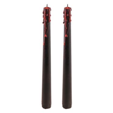 Paire de bougies flambeaux noires avec coulures de cire rouge imitation sang pour ambiance de manoir hanté Halloween | jourdefete.com Paire de bougies flambeaux noires avec coulures de cire rouge imitation sang pour ambiance de manoir hanté Halloween | jourdefete.com