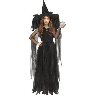 Fille en déguisement sorcière noire avec robe longue et chapeau pointu | jourdefete.com Fille en déguisement sorcière noire avec robe longue et chapeau pointu | jourdefete.com