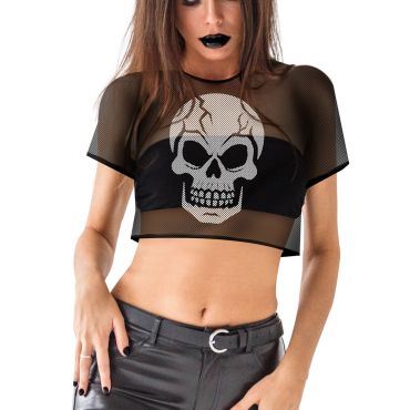 T-shirt résille noir avec tête de mort pour déguisement Halloween femme | jourdefete.com T-shirt résille noir avec tête de mort pour déguisement Halloween femme | jourdefete.com