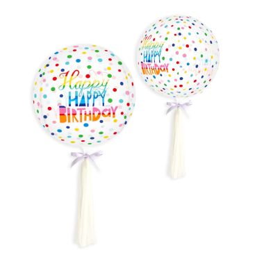 Ballon transparent multicolore Happy Birthday à pois pour anniversaire | jourdefete.com Ballon transparent multicolore Happy Birthday à pois pour anniversaire | jourdefete.com