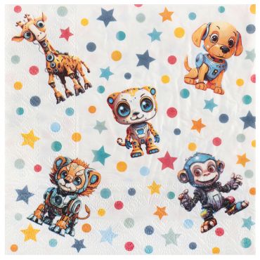 Serviettes en papier de la collection Happy Cop's avec motifs animaux robotiques colorés | jourdefete.com Serviettes en papier de la collection Happy Cop's avec motifs animaux robotiques colorés | jourdefete.com