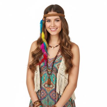 Bandeau hippie tressé avec plumes multicolores pour déguisement années 70 | jourdefete.com Bandeau hippie tressé avec plumes multicolores pour déguisement années 70 | jourdefete.com