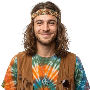 Homme souriant déguisé en hippie portant un collier avec le grand symbole de la paix argenté | jourdefete.com Homme souriant déguisé en hippie portant un collier avec le grand symbole de la paix argenté | jourdefete.com