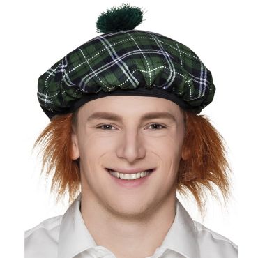 Beret Ecossais Tartan Vert avec Cheveux Beret Ecossais Tartan Vert avec Cheveux