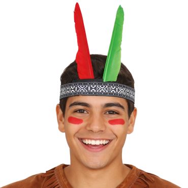 Bandeau indien avec plumes rouges et vertes porté par un homme souriant | jourdefete.com Bandeau indien avec plumes rouges et vertes porté par un homme souriant | jourdefete.com