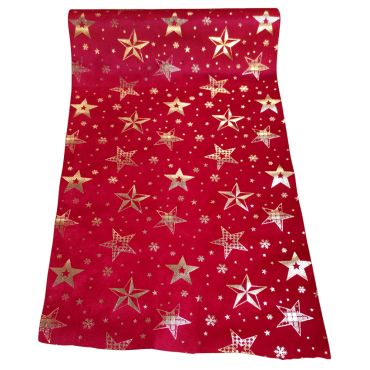 Chemin de table velours rouge motif étoiles or 28 cm x 3 m | jourdefete.com