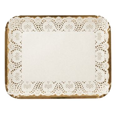 Plateau traiteur en carton or avec nappe dentelle blanche 31x41cm pour buffet de fête | jourdefete.com
