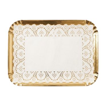 Plateau traiteur en carton or avec nappe dentelle blanche 22x30cm pour buffet de fête | jourdefete.com Plateau traiteur en carton or avec nappe dentelle blanche 22x30cm pour buffet de fête | jourdefete.com