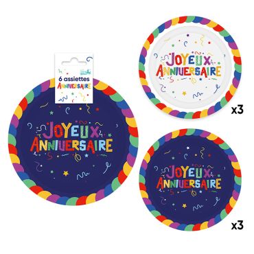 Lot de 6 assiettes en carton Joyeux Anniversaire multicolore festif blanc et bleu marine 20 cm | jourdefete.com Lot de 6 assiettes en carton Joyeux Anniversaire multicolore festif blanc et bleu marine 20 cm | jourdefete.com
