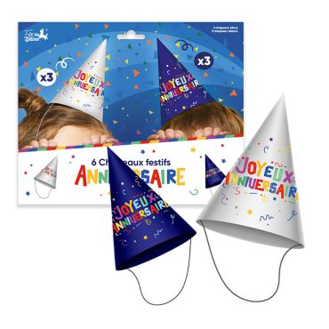 Lot de 6 chapeaux pointus en carton joyeux anniversaire multicolores bleus et blancs pour enfant | jourdefete.com Lot de 6 chapeaux pointus en carton joyeux anniversaire multicolores bleus et blancs pour enfant | jourdefete.com