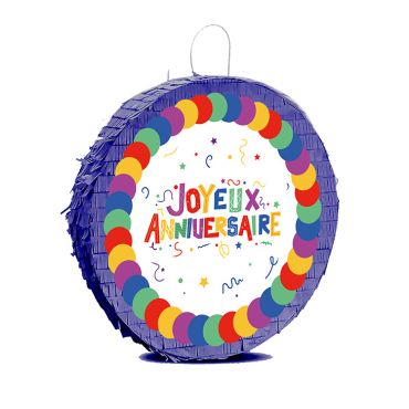 Piñata ronde à franges violettes avec inscription Joyeux Anniversaire multicolore pour fête d'enfant | jourdefete.com Piñata ronde à franges violettes avec inscription Joyeux Anniversaire multicolore pour fête d'enfant | jourdefete.com