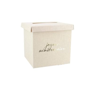 Urne d’anniversaire carrée en tissu effet lin avec inscription dorée "Joyeux Anniversaire" | jourdefete.com Urne d’anniversaire carrée en tissu effet lin avec inscription dorée "Joyeux Anniversaire" | jourdefete.com