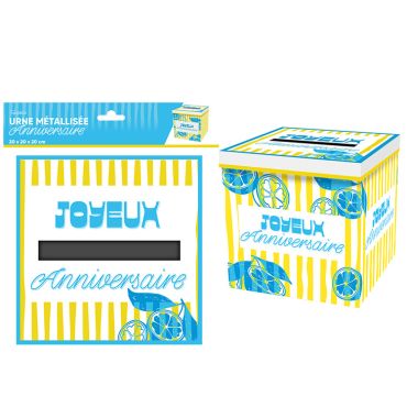 Urne de fête cubique motif citron bleu et rayures jaunes pour anniversaire adulte | jourdefete.com Urne de fête cubique motif citron bleu et rayures jaunes pour anniversaire adulte | jourdefete.com