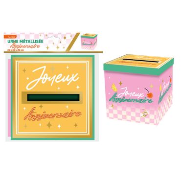 Urne d'anniversaire carrée en carton avec motifs damier rose, cerises et citrons sur le thème Rétro Pop | jourdefete.com
