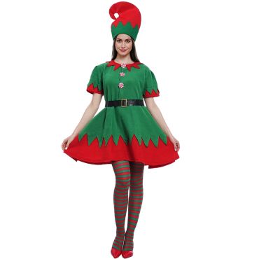 Costume de lutine de Noël pour femme adulte, robe rouge et verte avec chapeau festif | jourdefete.com Costume de lutine de Noël pour femme adulte, robe rouge et verte avec chapeau festif | jourdefete.com