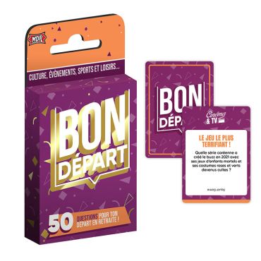 Boîte et exemple de carte du jeu de questions Bon Départ pour animation de fête de départ à la retraite | jourdefete.com Boîte et exemple de carte du jeu de questions Bon Départ pour animation de fête de départ à la retraite | jourdefete.com