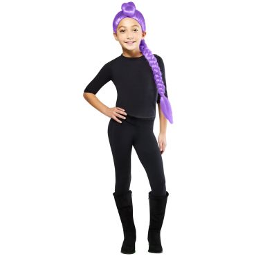 Perruque violette tressée pour enfant avec longue natte et chignon | jourdefete.com