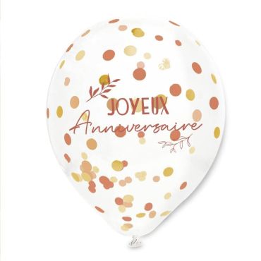 Sachet de 6 ballons à confettis - Joyeux Anniversaire - Collection Terracotta | jourdefete.com