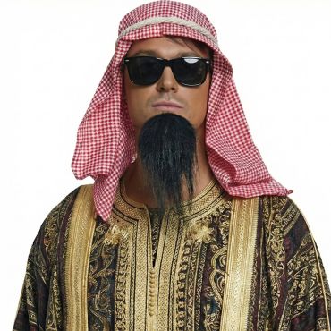 Homme portant le set de déguisement de cheik arabe avec foulard, cordes, lunettes noires et fausse barbe | jourdefete.com