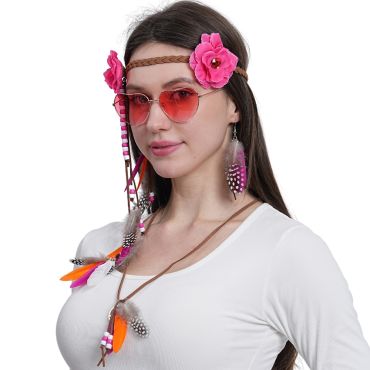 Kit Hippie 4 pièces femme avec lunettes roses, serre-tête fleuri et accessoires à plumes | jourdefete.com Kit Hippie 4 pièces femme avec lunettes roses, serre-tête fleuri et accessoires à plumes | jourdefete.com