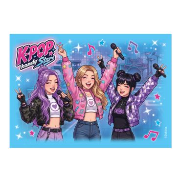 Feuille A5 comestible K-Pop Kandy Stars avec trois chanteuses sur fond bleu étoilé | jourdefete.com Feuille A5 comestible K-Pop Kandy Stars avec trois chanteuses sur fond bleu étoilé | jourdefete.com