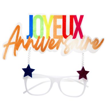 Lunettes blanches Joyeux Anniversaire pailletées avec ressorts et étoiles | jourdefete.com