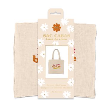 Sac cabas "Le petit bazar de Mamie" en gaze de coton beige | jourdefete.com