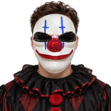 Homme portant un masque blanc de clown maléfique avec un nez rouge et des paillettes bleues pour Halloween | jourdefete.com Homme portant un masque blanc de clown maléfique avec un nez rouge et des paillettes bleues pour Halloween | jourdefete.com