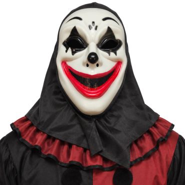 Homme portant un masque de clown blanc maléfique avec des cornes rouges pour Halloween | jourdefete.com