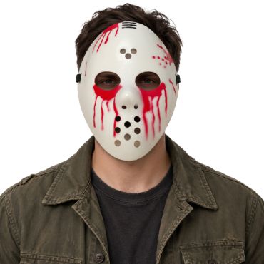 Masque de hockey blanc d'Halloween avec perforations et coulures de sang rouge | jourdefete.com Masque de hockey blanc d'Halloween avec perforations et coulures de sang rouge | jourdefete.com
