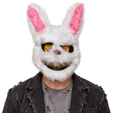 Masque de lapin blanc en peluche avec une denture dorée effrayante pour Halloween | jourdefete.com