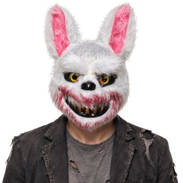 Masque Halloween en peluche de lapin blanc maléfique avec dents pointues sanglantes et yeux jaunes | jourdefete.com Masque Halloween en peluche de lapin blanc maléfique avec dents pointues sanglantes et yeux jaunes | jourdefete.com