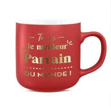 Mug rouge mat festif avec des décors et l’inscription dorée « Tu es le meilleur Parrain DU MONDE ! », une superbe idée de cadeau pour parrain | jourdefete.com Mug rouge mat festif avec des décors et l’inscription dorée « Tu es le meilleur Parrain DU MONDE ! », une superbe idée de cadeau pour parrain | jourdefete.com