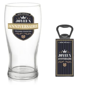 Coffret à bière joyeux anniversaire avec un verre et un décapsuleur Coffret à bière joyeux anniversaire avec un verre et un décapsuleur