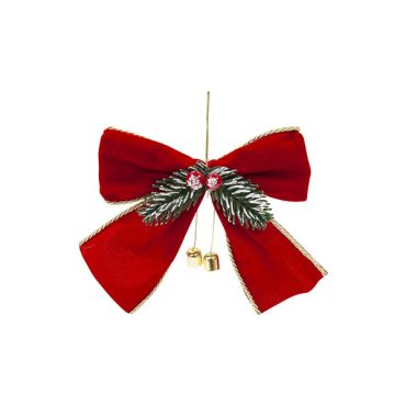 Nœud de Noel a suspendre en velours rouge avec bordure dorée grelots et baies enneigées | jourdefete.com Nœud de Noel a suspendre en velours rouge avec bordure dorée grelots et baies enneigées | jourdefete.com