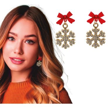 Boucles d’oreilles flocon de neige avec nœud rouge, strass étincelants, bijou de Noël | jourdefete.com Boucles d’oreilles flocon de neige avec nœud rouge, strass étincelants, bijou de Noël | jourdefete.com