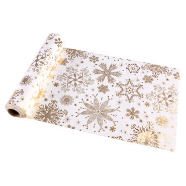 Chemin de table velours blanc avec flocons dorés pour Noël | jourdefete.com Chemin de table velours blanc avec flocons dorés pour Noël | jourdefete.com