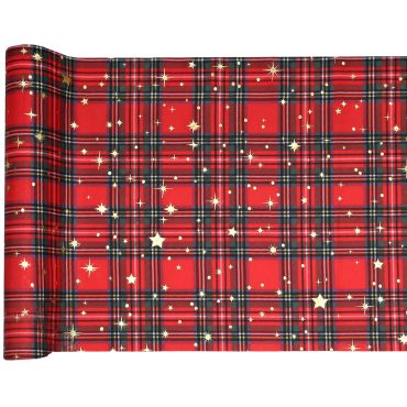 Rouleau de chemin de table tartan rouge et motifs étoiles dorées de Noël 2,5 m x 28 cm | jourdefete.com Rouleau de chemin de table tartan rouge et motifs étoiles dorées de Noël 2,5 m x 28 cm | jourdefete.com