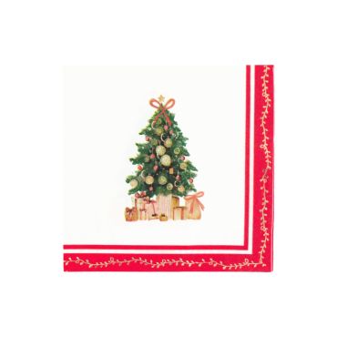 Lot de 16 serviettes en papier Santa's Christmas 33x33 cm avec sapin décoré, paquets cadeaux et frise festive rouge et or | jourdefete.com Lot de 16 serviettes en papier Santa's Christmas 33x33 cm avec sapin décoré, paquets cadeaux et frise festive rouge et or | jourdefete.com