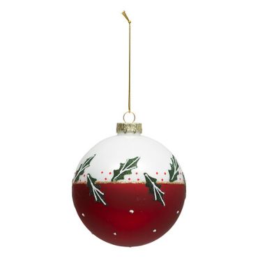 Boule de Noël en verre rouge et blanc décorée de feuilles de houx | jourdefete.com Boule de Noël en verre rouge et blanc décorée de feuilles de houx | jourdefete.com