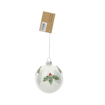Boule de Noël en verre décorée de feuilles de houx et baies rouges | jourdefete.com Boule de Noël en verre décorée de feuilles de houx et baies rouges | jourdefete.com