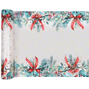 Chemin de table de Noël décoré de gui, baies rouges, nœuds et paillettes dorées | jourdefete.com Chemin de table de Noël décoré de gui, baies rouges, nœuds et paillettes dorées | jourdefete.com