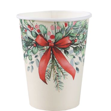 Gobelets en carton Noël Enchanté Jolis Rubans avec motif végétal et nœud rouge | jourdefete.com