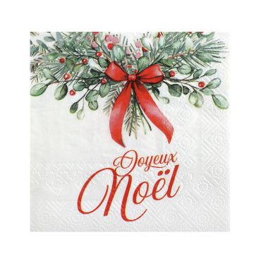 Serviette en papier Noël avec inscription "Joyeux Noël" en rouge, décor de gui, houx, eucalyptus et nœud rouge | jourdefete.com