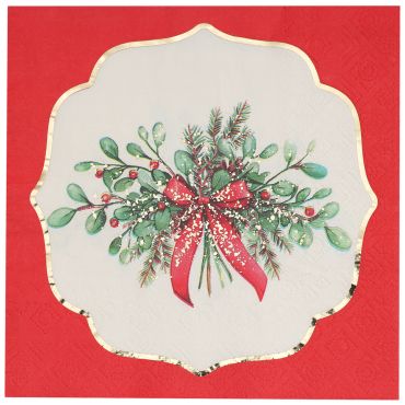 Serviette en papier rouge Noël Enchanté avec motif végétal et ruban doré 33x33 cm | jourdefete.com