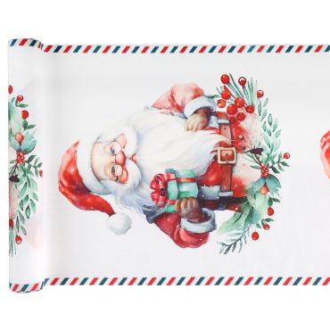 Chemin de table vintage avec illustration aquarelle d'un Père Noël et des baies rouges pour décoration de table de Noël | jourdefete.com Chemin de table vintage avec illustration aquarelle d'un Père Noël et des baies rouges pour décoration de table de Noël | jourdefete.com