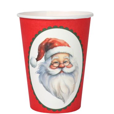 Gobelet en carton rouge avec médaillon illustre du visage bienveillant du Père Noel | jourdefete.com